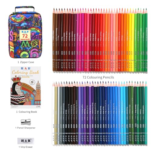 H & B 72PCS Colored Pencils for Adults with Coloring Book, Soft Core Oil-Based Drawing Pencils for Adult Coloring, Professional Art Supplies with Zipper Case for Artists - size: 72, style: 3-Letter (Basic)