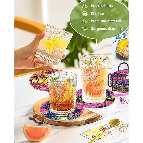 Clendo 8Pcs Diamond Painting Coasters Kits, DIY Landscape Diamond Art Coaster Kits with Holder, Small Diamond Painting Kits for Adults & Kids Art Craft Supplies - color: Bdz8p-85-001