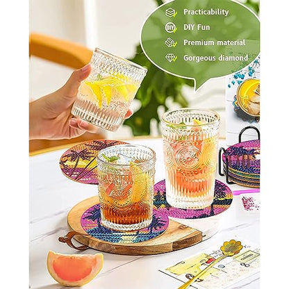 Clendo 8Pcs Diamond Painting Coasters Kits, DIY Landscape Diamond Art Coaster Kits with Holder, Small Diamond Painting Kits for Adults & Kids Art Craft Supplies - color: Bdz8p-85-001