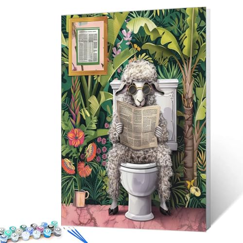 Sheep on Toilet Paint by Numbers for Adults Bathroom Animal DIY Digital Oil Painting Acrylic Paint Lamb Painting Kits Canvas Wall Art Green Leaves Bathroom Jungle Room Decor16x20Inch Frameless - color: Paint by number-Closestool 16, size: 16''x20''(Framel