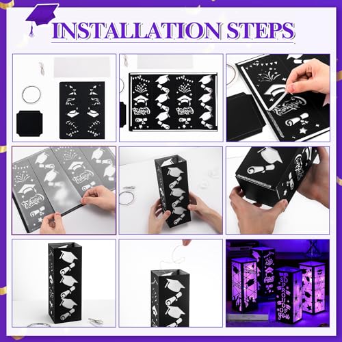 Feifeiya 4 Pcs 2026 Graduation Table Centerpieces Boxes Class of 2026 Graduation Table Lanterns with LED String Lights for Congrats Grad School College Party Supplies, 10.63 x 3.94 Inches(Purple) - color: Purple