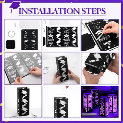Feifeiya 4 Pcs 2026 Graduation Table Centerpieces Boxes Class of 2026 Graduation Table Lanterns with LED String Lights for Congrats Grad School College Party Supplies, 10.63 x 3.94 Inches(Purple) - color: Purple