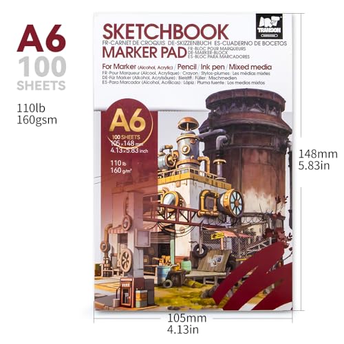 TRANSON 3 Pack A6 Mini Sketchbook Marker Pad, 110lb/160gsm Heavyweight Art Paper, No Bleed Through, 100 Sheets/200 Pages 4.13"x5.83" for Drawing & Sketching - size: 3 PACK A6 160gsm