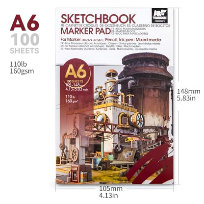 TRANSON A6 Mini Sketchbook Marker Pad, 110lb/160gsm Heavyweight Art Paper, No Bleed Through, 100 Sheets/200 Pages 4.13"x5.83" for Drawing & Sketching - size: A6 160gsm
