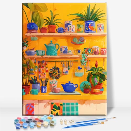 Aeontinity Colorful Kitchen Space Framed Canvas DIY Paint by Numbers Kit Bar Cafe Cave Home Room Wall Bathroom Porch Patio Decor Gift, 16 x 12 Inch - color: COLORFUL KITCHEN