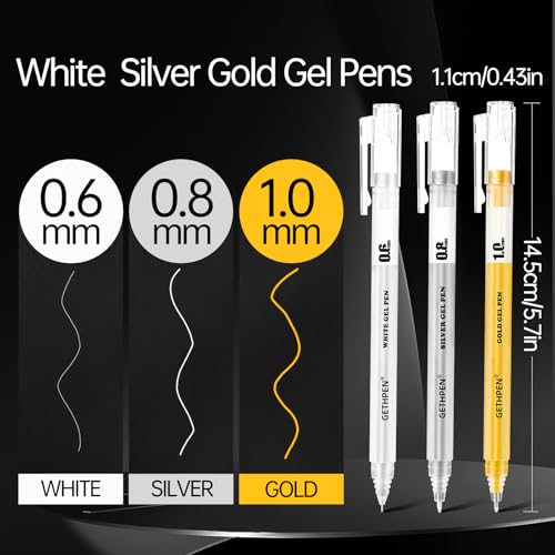 GETHPEN Gold Silver White Gel Pen Set, 0.6/0.8/1.0mmFine Point Gel Ink Pen - size: 1 Count (Pack of 9), style: 9 Pack White, Gold and Silver