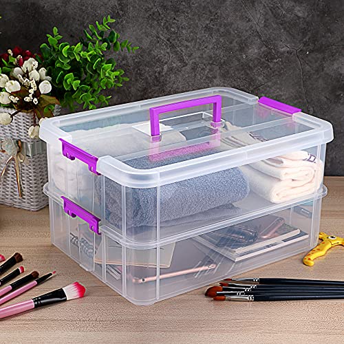 JUXYES 2-Tiers Plastic Stack Carry Storage Containers Box wih Handle Lids - color: Purple