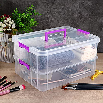 JUXYES 2-Tiers Plastic Stack Carry Storage Containers Box wih Handle Lids - color: Purple