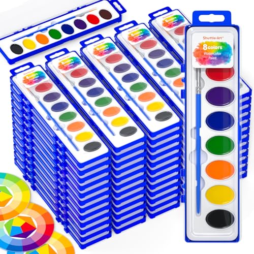 Shuttle Art 60 Pack Watercolor Paint Set, 8 Colors with Paint Brushes & Color Wheels, Washable for Kids & Adults, Suitable for Classroom, Parties, Kindergarten & Art - color: 8 Colors 60 Pack