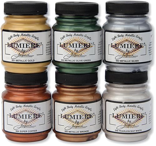 Jacquard Lumiere 6 Pack - Metallic Paint for Fabric Paper Wood Ceramic & Metal - Light-bodied Metallic Acrylic Paint - Lightfast & Vibrant Metallic Acrylic Paints - 2.25oz Bottles - color: Assorted Colors, size: 13.5 Fl Oz (Pack of 1)