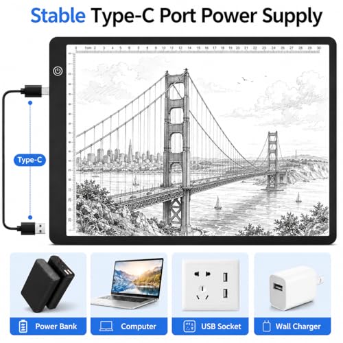 A4 LED Tracing Light Box丨Light Pad - Copy Board with Full-Edge Ruler Frame丨3 Adjustable LED, Premium Acrylic for Art, Drawing, Sketch, Animation, Design, Tattoo, Diamond Painting, X-ray Viewing