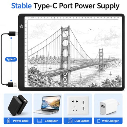 A4 LED Tracing Light Box丨Light Pad - Copy Board with Full-Edge Ruler Frame丨3 Adjustable LED, Premium Acrylic for Art, Drawing, Sketch, Animation, Design, Tattoo, Diamond Painting, X-ray Viewing