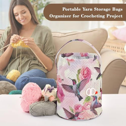 Yarn Bag Small Crochet Bag Drawstring Yarn Storage Organizer Knitting Project Bags Potable Yarn Holder with Holes Handle Crocheting Needles Knitting Accessories Pink Anna Hummingbird and Rose - color: Pink Anna Hummingbird and Rose