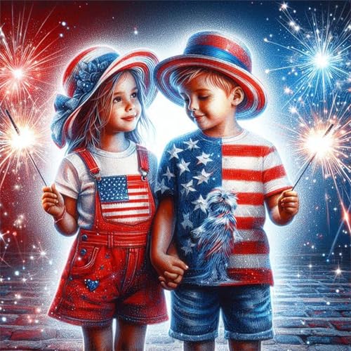4th of July Fireworks Diamond Painting Kits for Beginners, Patriotic American Flag 5D Diamond Art Kits for Adults, DIY Full Drill Round Diamond Dot Gem Painting for Home Wall Decor 13.8x13.8inch - color: Patriotic Celebration