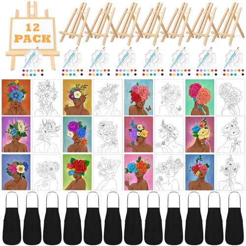 Motipuns 12 Set Flower Crown Lady Pre Drawn Canvas for Paint for Adults | 12 x 16 Inch, Sip and Paint Party Kit, Pre Printed Framed Canvas with Easels Paints Brushes Aprons, Party Adult Art Supplies - style: Black Floral Girl