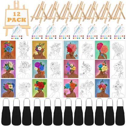 Motipuns 12 Set Flower Crown Lady Pre Drawn Canvas for Paint for Adults | 12 x 16 Inch, Sip and Paint Party Kit, Pre Printed Framed Canvas with Easels Paints Brushes Aprons, Party Adult Art Supplies - style: Black Floral Girl