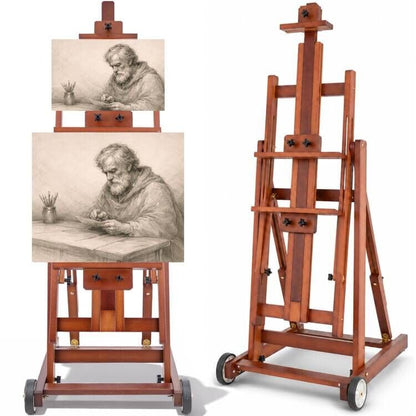 Studio H-Frame Easel with Tilting & Flat Position, Walnut | Sturdy Adjustable Beech Wood Painting Easel for Painting, Holds Canvas Art up to 77" - style: Walnut