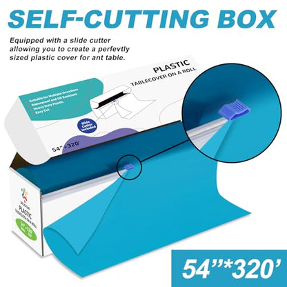 54IN X 320FT Plastic Table Cover Roll with Cutter Box, Cut to Size Plastic Table Cloths for Parties, Birthday, (Turquoise, 54"x3840"(Rectangular)) - color: Turquoise, size: 3840" x 54" (Rectangular)