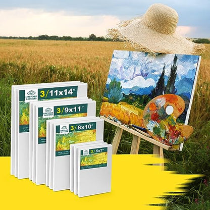 Inburit 12 PCS Multi Size Stretched Blank Canvas for Acrylic & Oil Painting | 12 Pack Canvas Boards for Painting, Art Supplies Paint Canvas, 5x7, 8x10, 9x12, and 11x14 inches (3 of each) - size: 12PCS+(4sizex3)