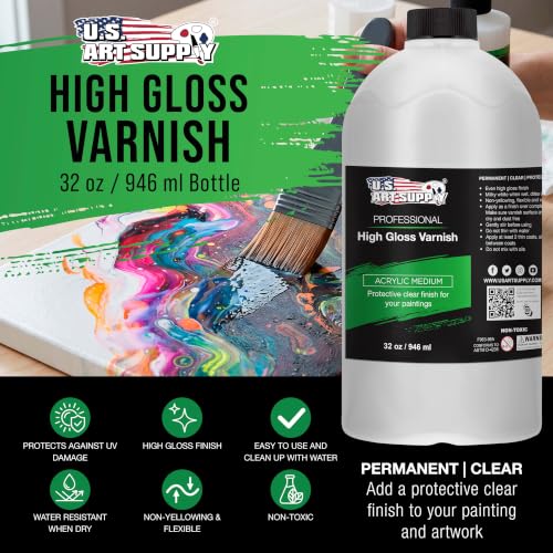 U.S. Art Supply 32 oz High Gloss Varnish for Acrylic Paintings - Clear Protective Finish with UV Protection - size: 32-ounces