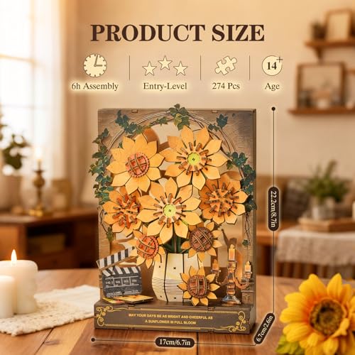 3D Puzzles for Adults Sunflower Bloom Wooden Bloom Craft with LED Light - color: Sunflower