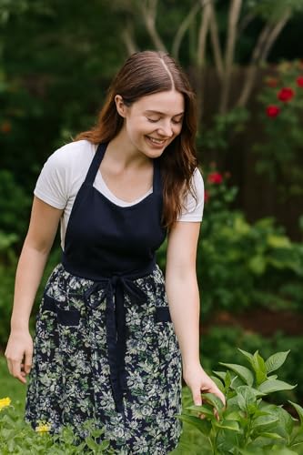 Cute Floral Apron for Women with Pockets, Cotton, Adjustable Straps - color: Deep Blue