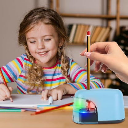 Battery-Operated Electric Pencil Sharpener with LED Light – Compact & Portable Pencil Sharpener for Home, School, or Office Use (Blue) - color: Blue