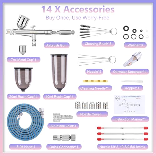 Gyfent Dual-Mode Airbrush Gun Kit with 3 Quick-Release Nozzle Sets | 0.3/0.5/0.8mm, Dual-Action Gravity Feed Air Brush with 1/4oz Fluid Cup & 20/40ml Resin Cup for Nail Art Painting Makeup Cake - size: Dual-Mode