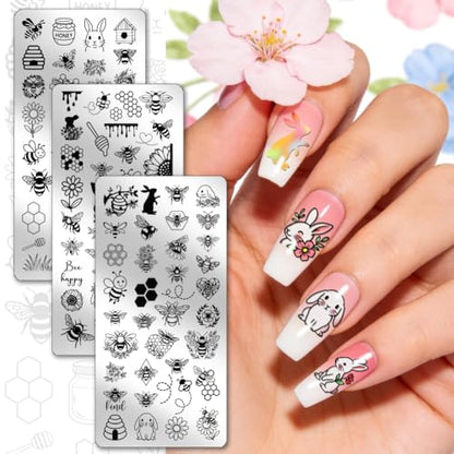 PH PandaHall 3pcs Bees Nail Stamping Plates Rabbit Honeybee Nail Art Templates Honeycomb Sunflower Nails Art Stencils Honey Pot Nails Design Stamp for Women Spring Easter Manicures Salon DIY Printing - style: Bees