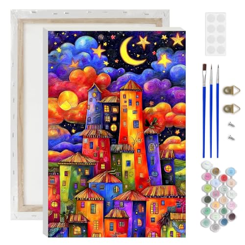 Lxmsja Whimsical Cityscape Paint by Numbers Kit for Adults, Magical Night Sky Acrylic Paint by Numbers for Adults Beginner, DIY Craft Supplies Oil Painting Kits for Home Wall Decor 8x12 inch (Framed) - color: blue#111