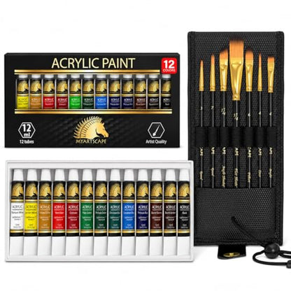 MyArtscape Artist Quality Painting Set - Acrylic Paint - 12 x 12ml Tubes with Pocket Paint Brush (Set 1) - 7 Artists' Paintbrushes