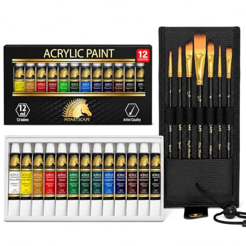 MyArtscape Artist Quality Painting Set - Acrylic Paint - 12 x 12ml Tubes with Pocket Paint Brush (Set 1) - 7 Artists' Paintbrushes