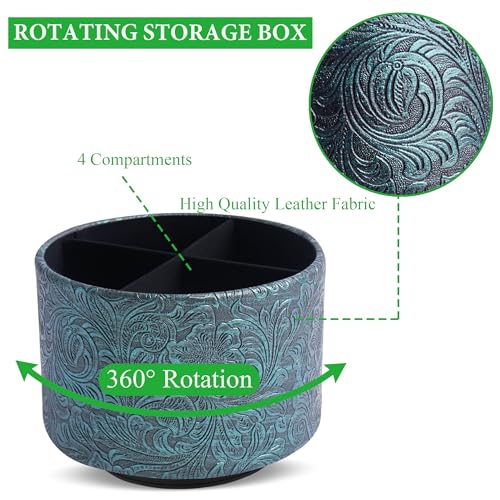 Round Leather Art Supply Organizer,Remote Control Holder,360 Degree Spinning,Multi-Functional Pencil Holder,4 Compartments Desktop Stationary Organizer(1-Carved Metal Green3) - color: 1-Carved Metal Green3