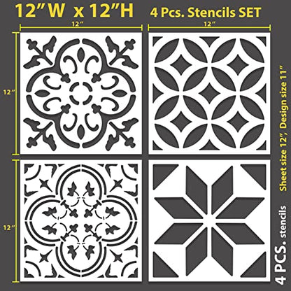 STENCILOGY® / 4 pcs. 12 x 12 Inches/Tile Stencil Set, Reusable Tile Stencils Set for Painting, Furniture, Floor/Household Paint Wall Stencils (12x12 inches) - size: 12x12 inches