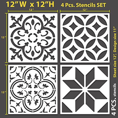 STENCILOGY® / 4 pcs. 12 x 12 Inches/Tile Stencil Set, Reusable Tile Stencils Set for Painting, Furniture, Floor/Household Paint Wall Stencils (12x12 inches) - size: 12x12 inches