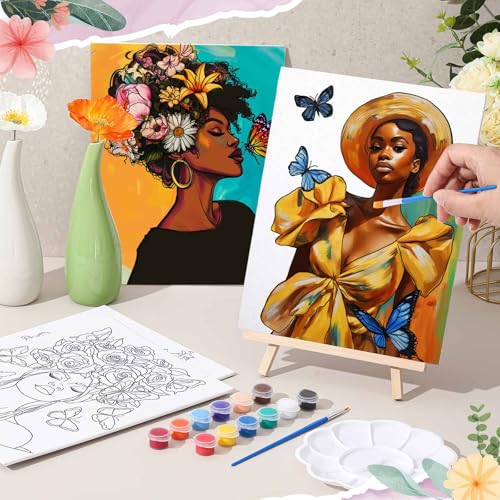 Tenceur 16 Sets Pre Drawn Canvas to Paint for Sip and Paint Party, 8 x 10 Inch Preprinted Framed Pre Sketched Coloring Canvas with Easels and Brushes for Adults Party Supplies(Black Girl) - style: Black Girl