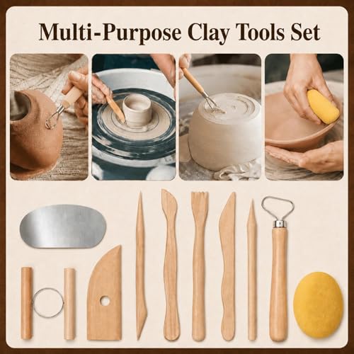 47PCS Pottery Tools Kit, Ceramic Tools, Clay Sculpting Tools | Stainless Steel Tools, Wooden Handles and Silicone Shapers for Sculpting and Carving, Ideal for Beginners and Artists