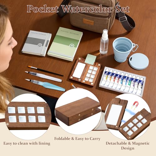 Mini Watercolor Paint Set Travel, All-in-One Portable Pocket Painting Kit with Wooden Palette,Colours,Sketchbook, Brush&Water Cup,Clip,Complete Artist Supplies for Beginners, Adults, Outdoor Painting
