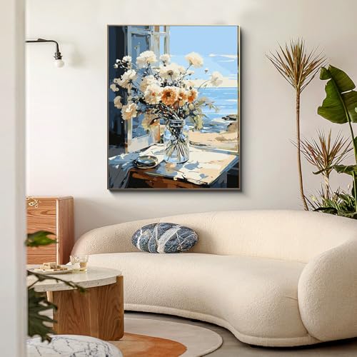PRASIO Paint by Numbers Kit for Adults Beginner, Flower Adult Paint by Number Kits on Canvas, DIY Acrylic Watercolor Oil Paint by Number for Adults for Home Decor Gift 16x20 Inch - color: XM-OP-WindowsillFlower02-4050