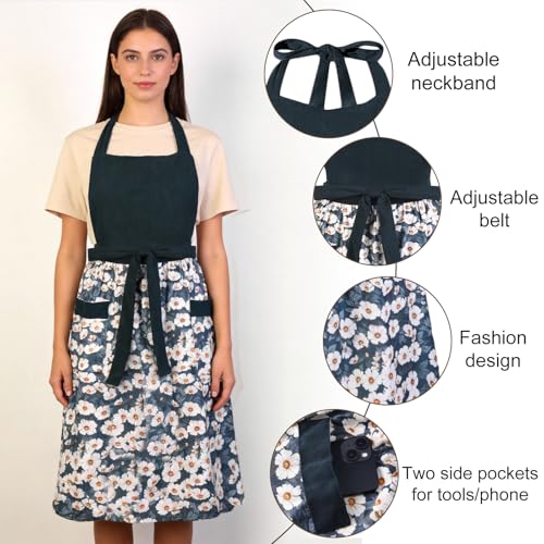 Cute Floral Apron for Women with Pockets, Cotton, Adjustable Straps - color: Dark Green