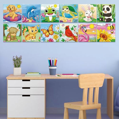 Anseal 12 Packs Pre Drawn Canvas to Paint, 4" X 4" Animal Pre-Printed Canvas Paint Party, Stretched Outline Painting Boards for Beginners, Party Favor - style: Animal