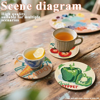 DOTSOPS 6 Pcs Vegetable Diamond Painting Coasters with Holder for Beginners - color: Evegetable