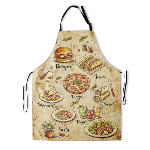 Funny Apron Polyester Grooming Aprons with Pocket for Cooking Kitchen Grilling Adults - color: Retro Menu Colorful