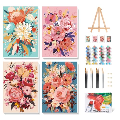 Camocin 4 Pack Framed Paint by Numbers Kit for Adults with Wooden Easel | Floral Bouquet Artwork, Pink Flowers Wall Decor, DIY Canvas Painting Set, Home Wall Decor, Beginner Friendly, 8x12 Inch - color: LBOP4PF04