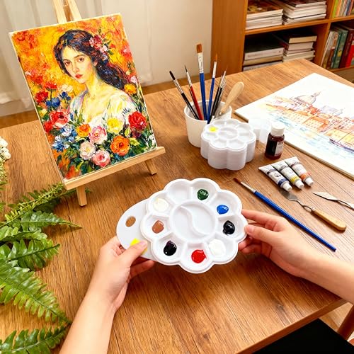 Paint Palettes, 50 Pcs, One Time Use Plastic, White 4.6 inch | Mini Watercolor Painting Palettes for Students, Kids, Paint Holder, DIY Craft Class, Paintings