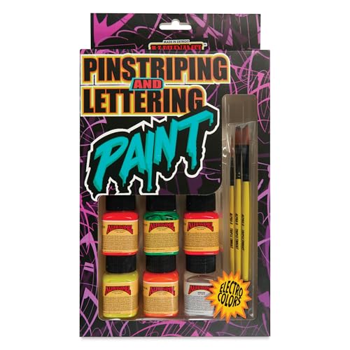 New Pinstriping/Lettering Pack - Electroshock Enamel Set - 5 Vibrant Colors with Reducer & Brush Trio for Lettering/Pinstriping, 1 oz Each - style: Electroshock Colors + Brushes & Additive