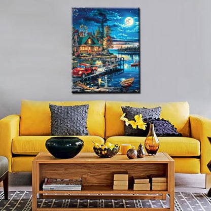 Paint by Number Lake Night Scenery Cabin Landscape DIY Painting On Canvas with Brushes Acrylic Paints Lakeside Nature Landscape Paint by Numbers for Adults Students Beginner 16x20 Inch（without Frame） - color: Nature Scenery 01, size: 16''x20''(Frameless)