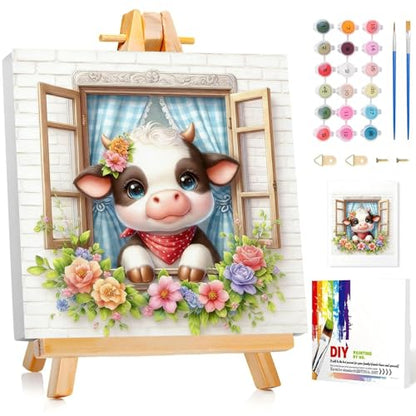 Cow Paint by Numbers Kit for Kids with Frame Wooden Easel 8x8 inch - color: style-8