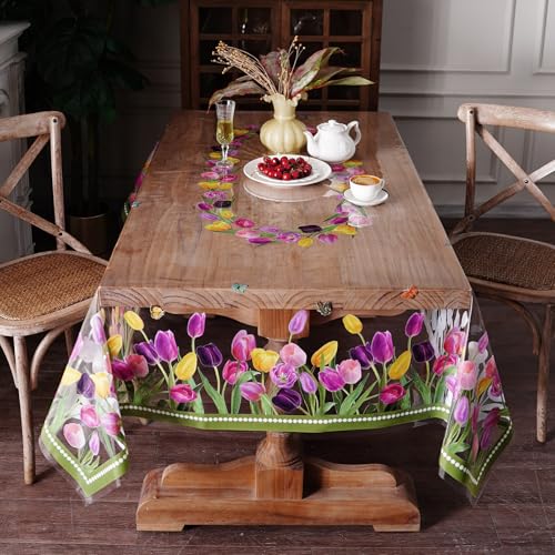 Clear Table Protector Cover Vinyl Tulip PVC Tablecloth, 52“x70” | Dining Room, Kitchen Meals, Tabletop Protection, Easy Cleanup, Brunch, Parties, Holiday Gatherings, Everyday Use - color: Tulip, size: 52" x 70" (Rectangular)