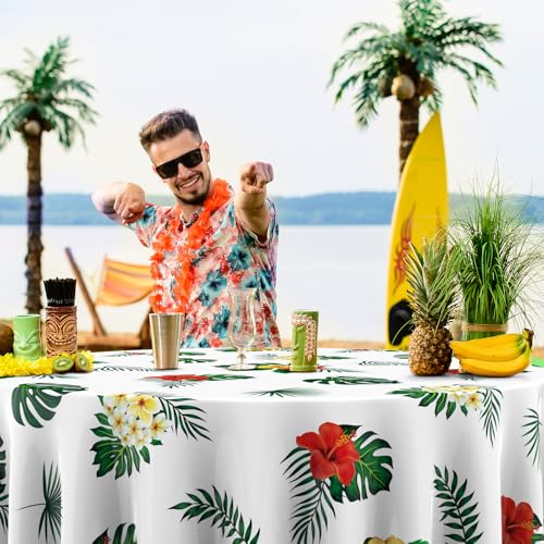 Oudain 6 Pcs 84" Summer Round Hawaiian Tablecloths, Lagre Tropical Luau Plastic Table Covers with Palm Leaves & Hibiscus Flower, Aloha Tiki Beach Pool Party Decorations Supplies (White) - color: White